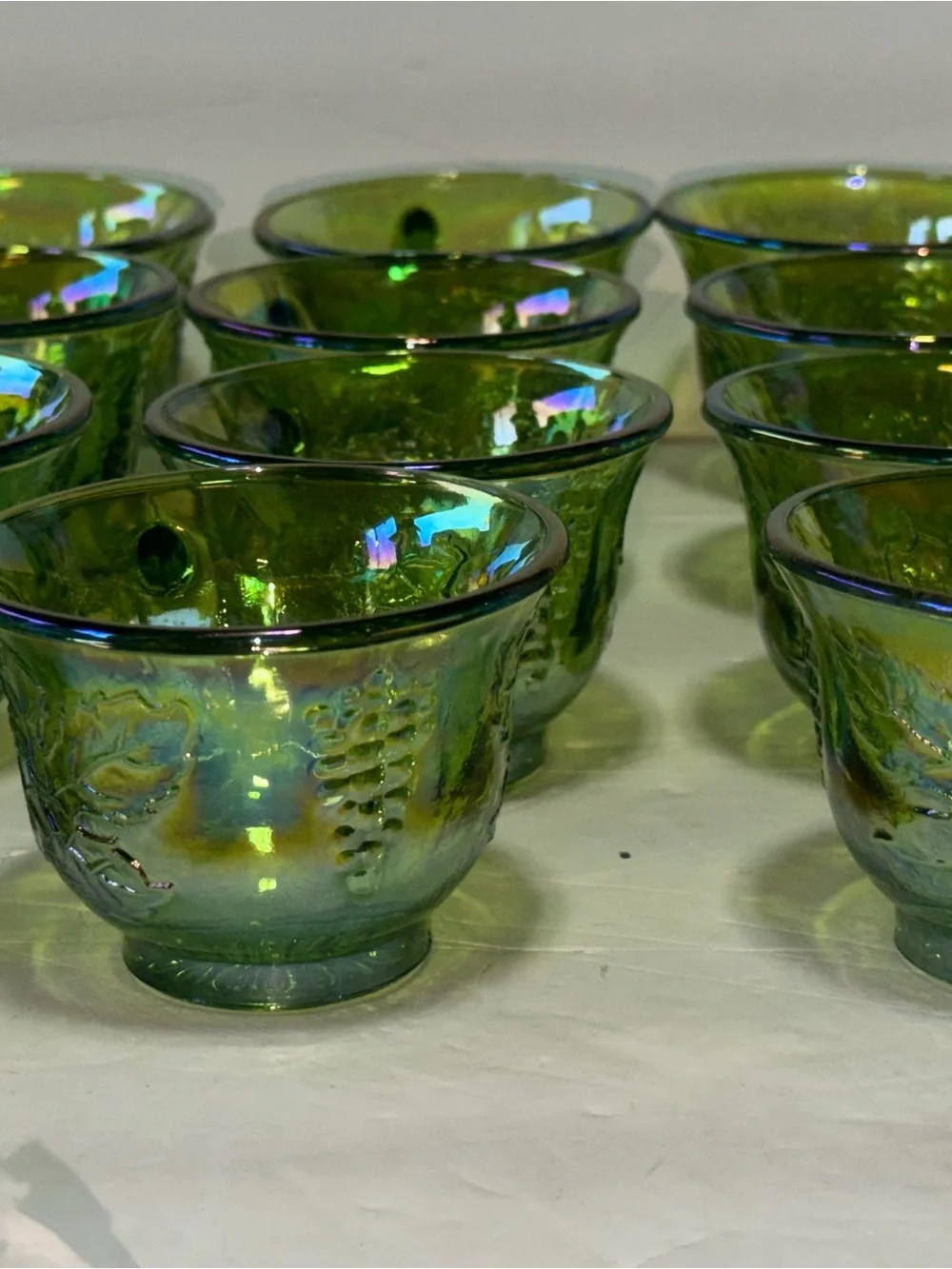 Indiana Glass Green Iridescent Grape Pattern Cups - Set of 12